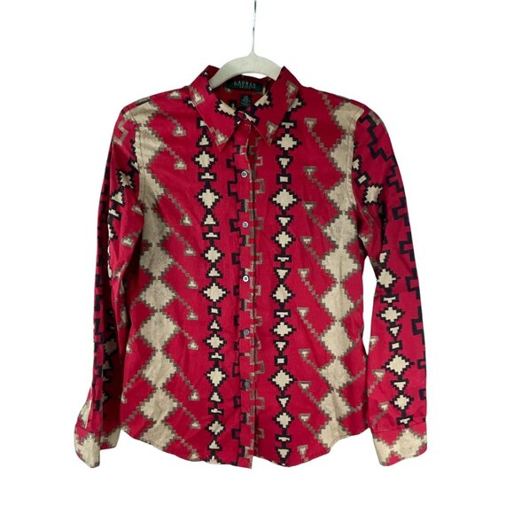 Lauren Ralph Lauren Western Aztec Printed Button-Down Shirt PM Red Tan Cotton - Picture 4 of 9